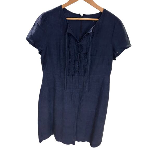 BROOKS BROTHERS 346 Navy Blue Linen Pintuck Ruffle Cottage Short Sleeve Dress 14 - Picture 2 of 8